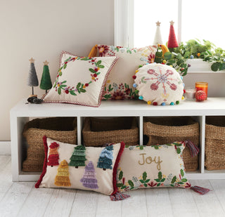 Boho Holiday Wreath Embroidered Pillow