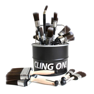 Cling On Paintbrushes in a large can. Various angle brushes, varnish brushes, chalk paint brushes, and enamel brushes.