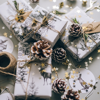 Christmas gifts wrapped in white gift wrap with pine cones and gold stars