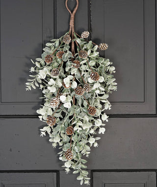 Teardrop Christmas wreath with sage eucalyptus and birch cones