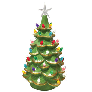 Lighted Green Ceramic Tree with Gold Tips - 14 inch