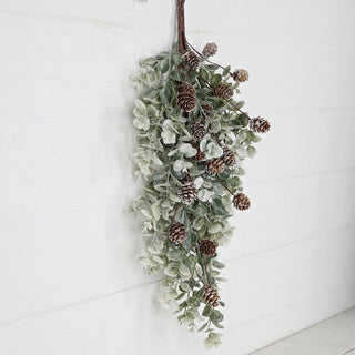 Teardrop Christmas wreath with sage eucalyptus and birch cones