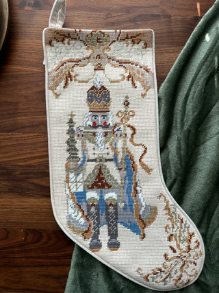 Hand-stitched nutcracker tapestry Christmas stocking featuring a classic nutcracker design with baroque-style detailing.