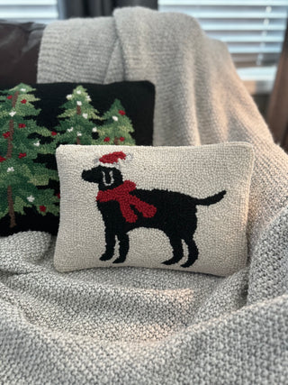 Festive holiday pillow featuring a playful dog dressed in holiday attire on a neutral wool background.