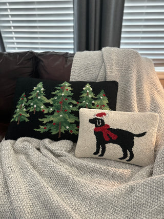 Christmas tree-themed holiday pillow, featuring hand-hooked trees with red and white accents.  With holiday themed dog pillow.