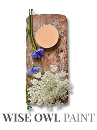 beige pink paint can lid on brick background with floral accents