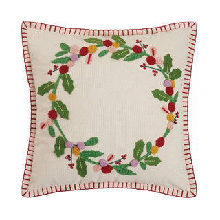 Boho Holiday Wreath Embroidered Pillow