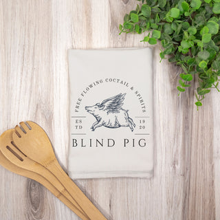 Close-up of Blind Pig Prohibition-era design on soft cotton towel