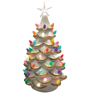 Lighted White Ceramic Tree with Gold Tips - 14 inch