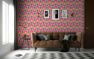 Image of living room with pink and black retro floral peel and stick fabric drawer liner used as wallpaper.