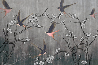 Modern Blooms Decoupage Paper for Furniture. Image of Bird flying around cherry blossoms Decoupage Paper.