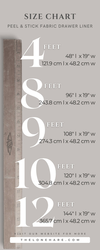 Size chart for Peel and Stick Drawer Liner