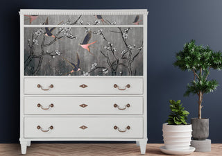 Image of Modern Grey Chinoiserie Style Decoupage Paper Grey background with White cherry blossoms and Pink and blue swallow birds.