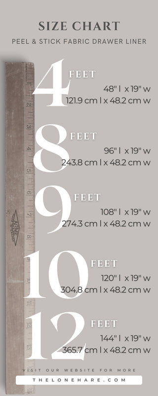 Size infographic showing available drawer liner sizing.