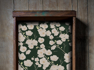 Dark Green Cherry Blossom Floral Drawer Liner - Peel and Stick Fabric or Traditional Paper Shelf Liner Contact Paper