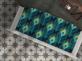 Art Deco Peacock Feather Peel and Stick fabric drawer liner for furniture, unscented adhesive fabric shelf liner, decorative drawer liner