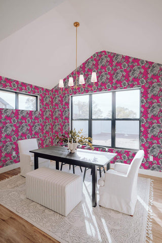 Hot Pink Peel and stick drawer liner show as wallpaper in kitchen dining room