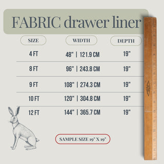 Image Dedicated to sizing for fabric drawer liner at 19 depth or 19 width. Fabric drawer liner comes in 4 ft, 8ft, 9ft, 10ft, and 12 ft lengths.