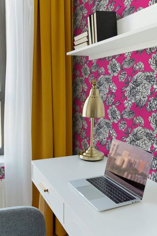 Bright Pink drawer liner paper shown as wallpaper in home office